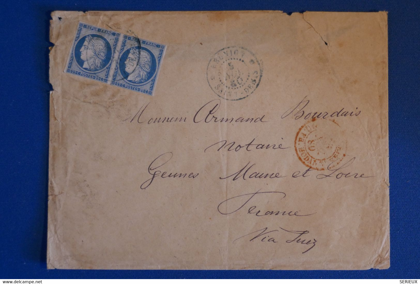 C REUNION BELLE LETTRE RARE 1880 ST DENIS POUR FRANCE +VOIE DE MODANE -SUEZ+ PAIRE DE T.P 25C+ C ROUGE + AFFRANCH. RARE - Lettres & Documents