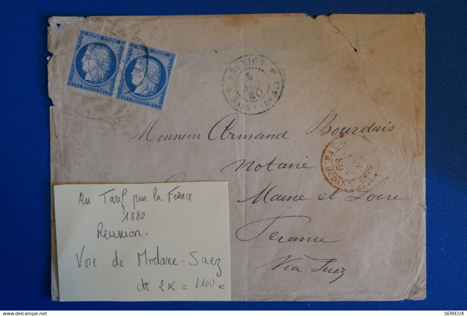 C LA REUNION BELLE LETTRE RARE1880 ST DENIS POUR FRANCE +VOIE DE MODANE -SUEZ+ PAIRE DE T.P 25C+C ROUGE + AFFRANCH. RARE - Lettres & Documents