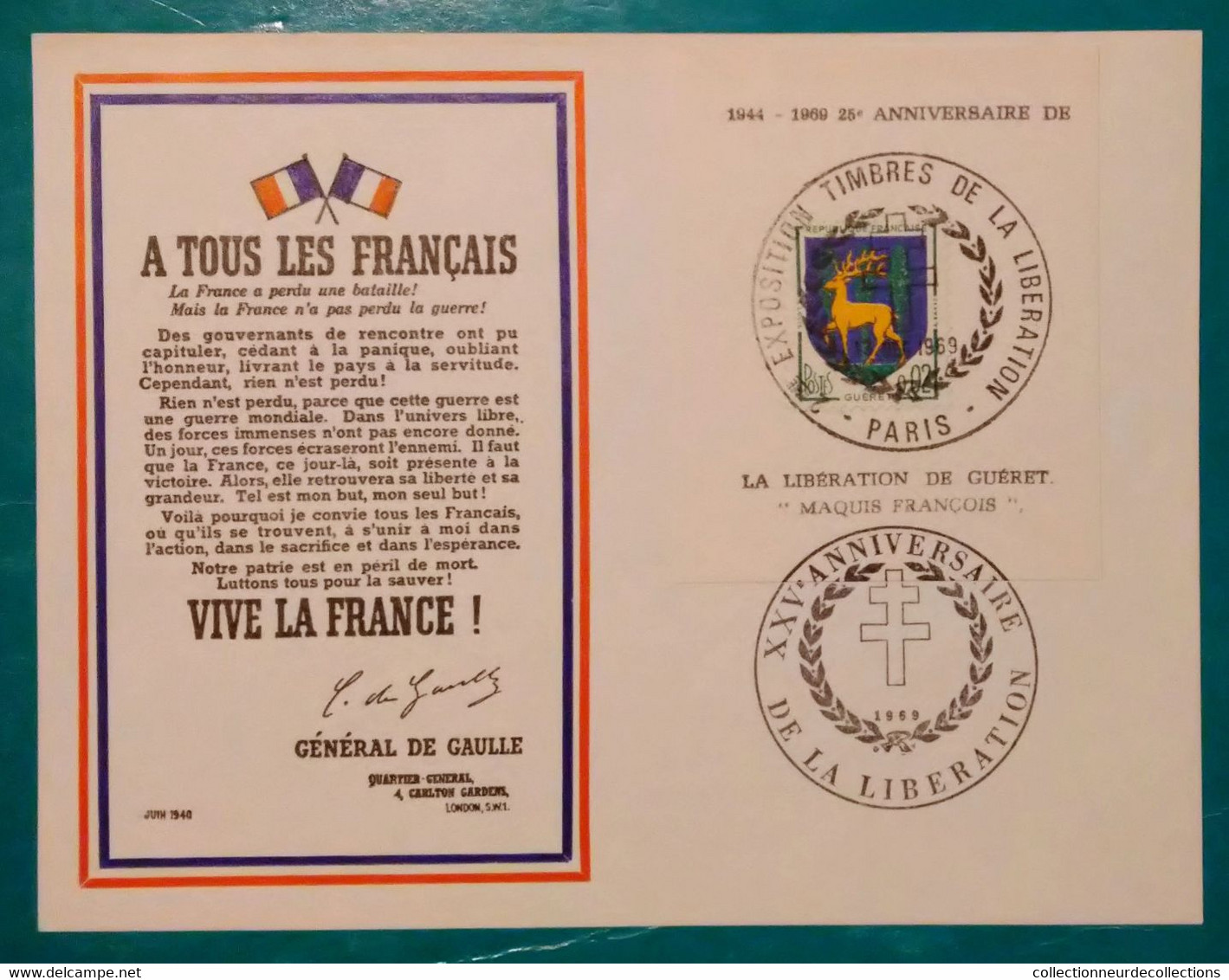 APPEL JUIN 1940 De Gaulle A La Radio Oblitéré EXPO TIMBRES DE LA LIBERATION 1969 PARIS - Brieven En Documenten