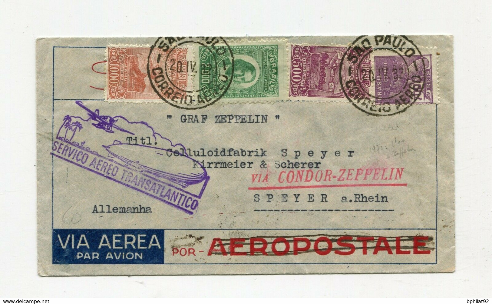 !!! LETTRE DE SAO PAULO (BRESIL) POUR LA FRANCE PAR ZEPPELIN, CACHET CONDOR ZEPPELIN 1932 - Luchtpost