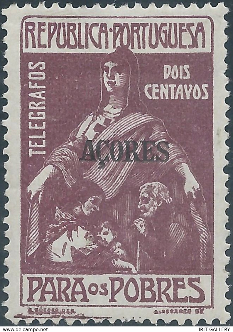 Portogallo-Portugal-Azzorre-Azores-1912 Overprinted 'AÇORES' In Black On 2c Brown-lilac,TELEGRAFOS -,Trace Hinged,Gum - Neufs