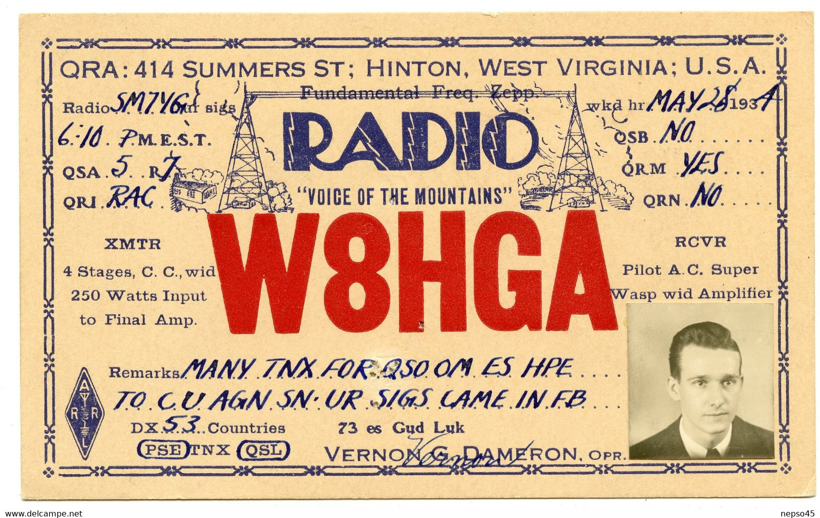 Carte Q.S.L.radio.414 Summers ST. Hinton West Virginia U.S.A.Voice Of The Mountains.photographie D'identité.année 1931 - Radio