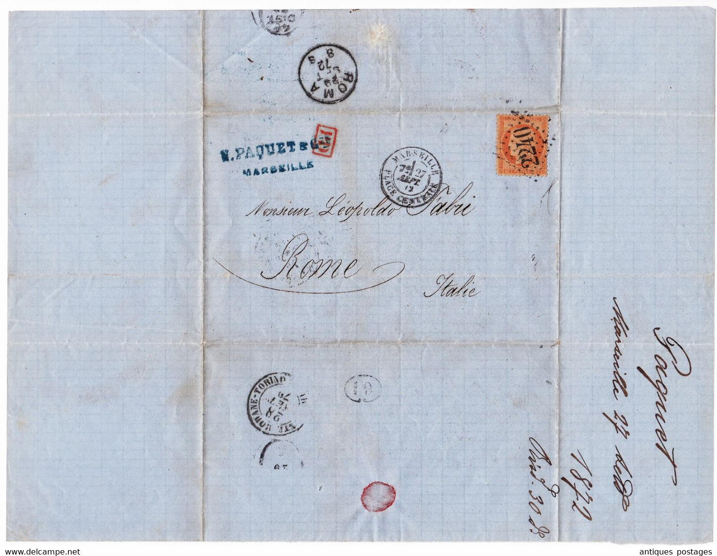 Lettre 1872 Marseille Bouches du Rhône Paquet Roma Italia Timbres Cérès 40 Centimes Rome Italie