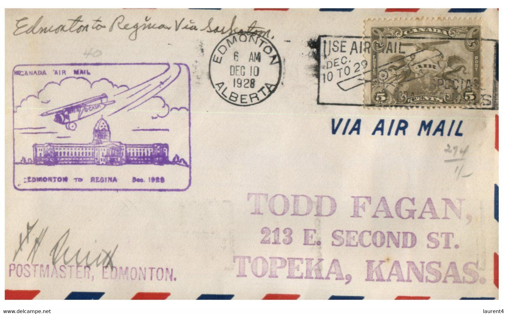 (JJ 23) Cover Posted From Canada To Texas - Edmonton Postmaster - Aviation Postmark - 1928 - Premiers Vols