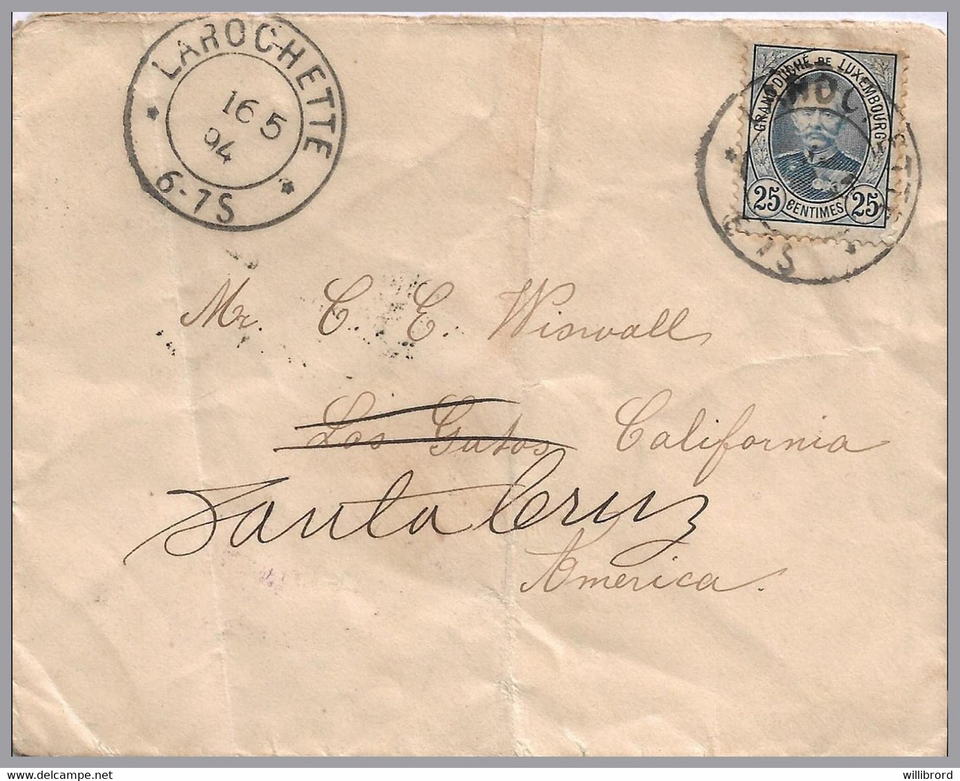 LUXEMBOURG - Adolphe 25c - LAROCHETTE - 1894 UPU-rate Cover To USA - Redirected - 1891 Adolphe De Face