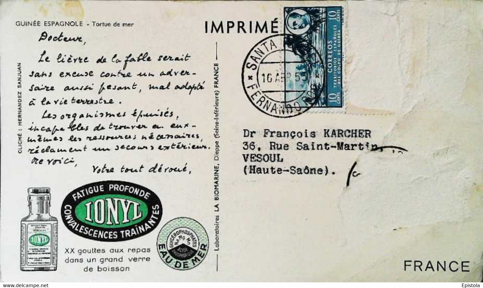 ► 1953 Territorios Espanoles - GOLF De GUINEA - 10 Cents Sur Carte Postale (timbre Abimé En L'état) - Guinea Española