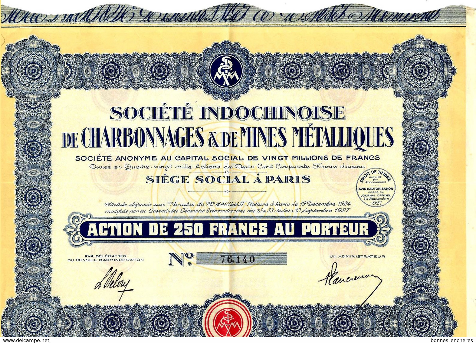 ENTREPRISES COLONIALES INDOCHINE Sté Indochinoise Des Charbonnages & De Mines Métalliques Paris V.Scan+Historique - Mines