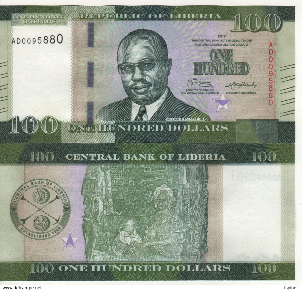 LIBERIA  100 Dollars  New Issue  P35b   Dated  2017    President William Richard Tolbert Jr./Market On Back - Liberia