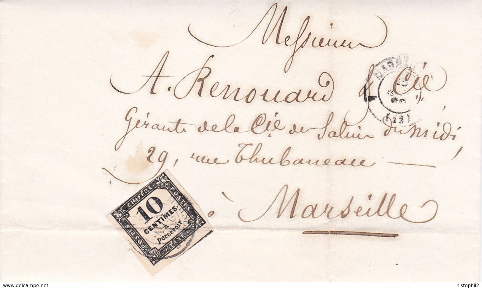 Taxe 10c Typo Lettre Douanes Marseille 29/11/1862 Pr Cie Des Salins Du Midi Autorisation Exp 5000 T Sel De Salin De Fos - 1859-1959 Lettres & Documents