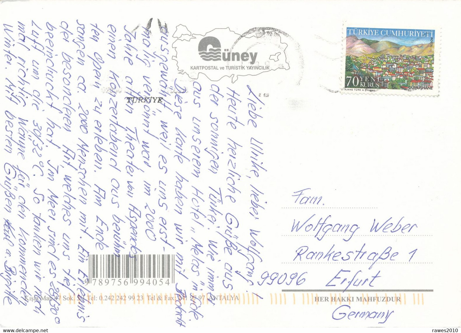 Türkei 70 K. Gümüshane TGST 2005 - Postkarte Nach Deutschland - Storia Postale