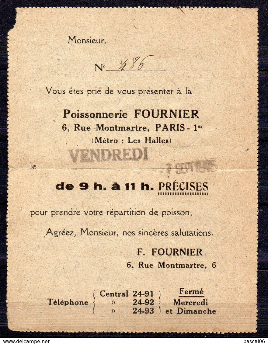 RARE ENTIER PNEUMATIQUE REPIQUÉ 3f CHAPLAIN + TP 3f GANDON / RESTRICTION ALIMENTAIRE / Tàd TYPE 68 PARIS R.P. TELEGRAPHE - Lettres & Documents