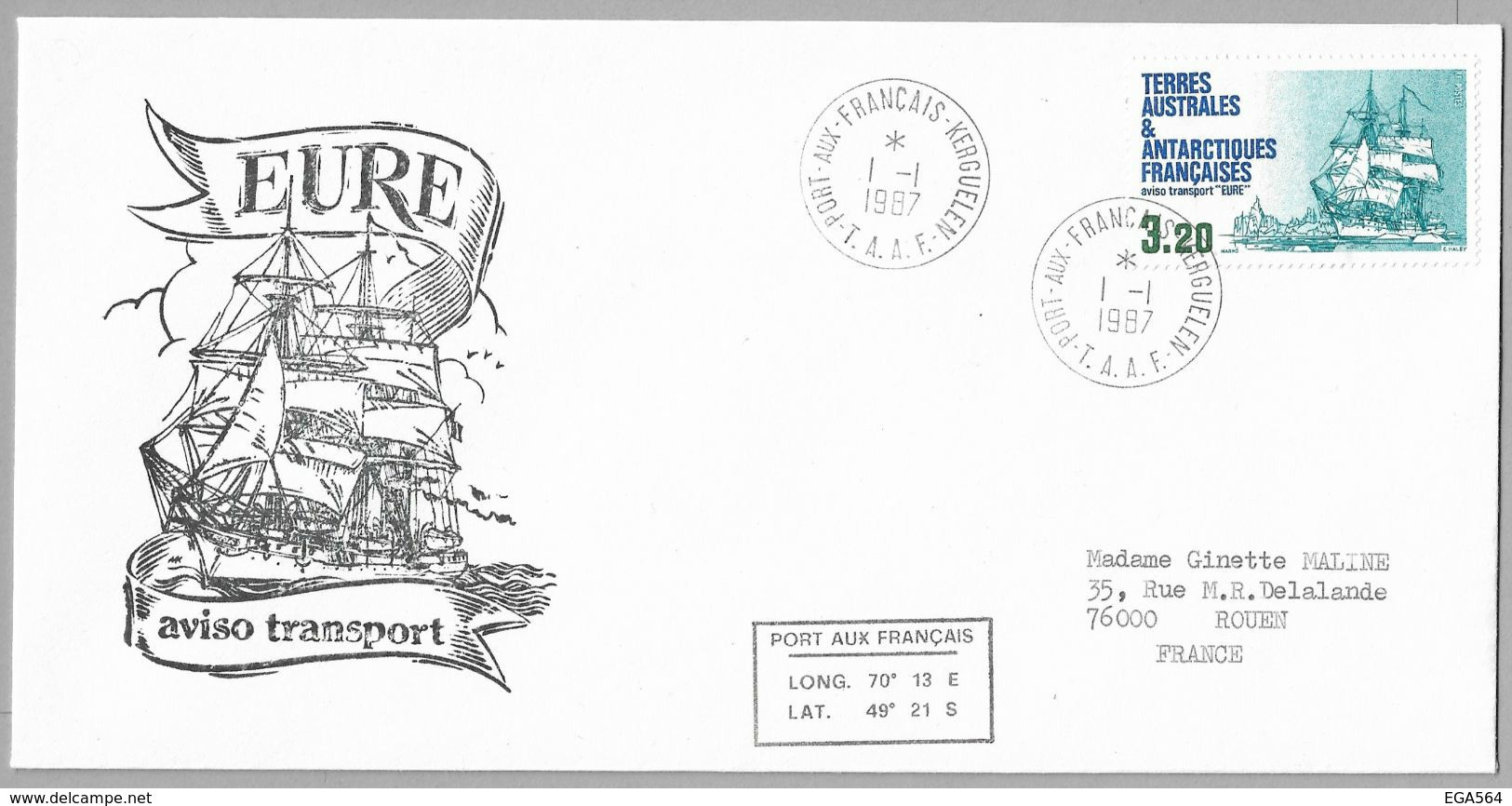 B1 - TAAF PO129 Kerguelen Du 1.1.1987, 1ere Date. Grand Cachet Illustré " Aviso Transport EURE " - Briefe U. Dokumente