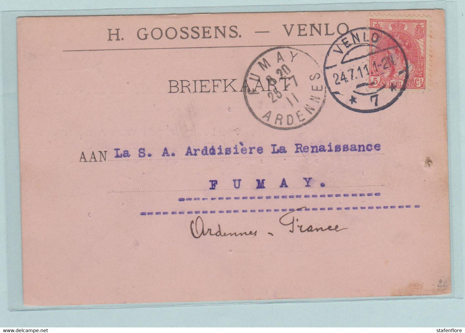 H. Goossens Venlo, Briefkaart Naar FUMAY, Ardennes France - Otros & Sin Clasificación