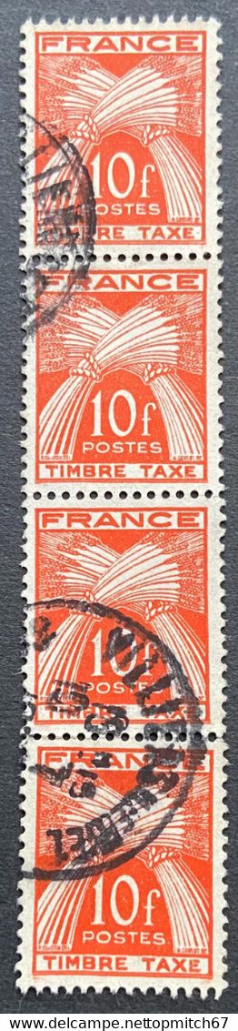 FRAYX086Ux4vBS - Timbres Taxe - Type Gerbes - Stripe Of 4 Used 10 F Stamps - 1964 - France YT YX 086 - Marche Da Bollo