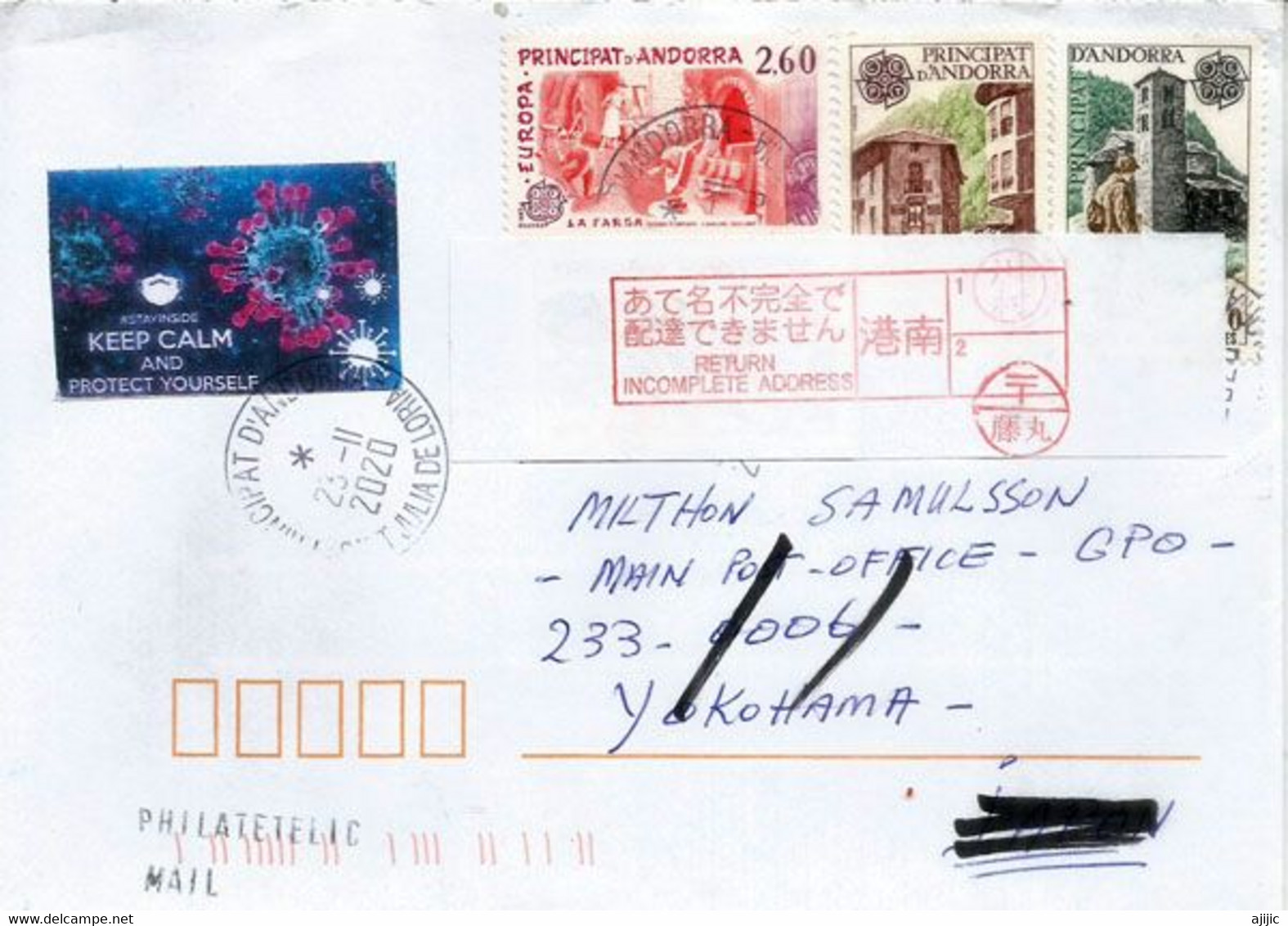 Lettre D'Andorre Adressée à Yokohama (Japon)pendant Confinement Covid-19,retour à L'expediteurm Avec Cachet Retour Japon - Storia Postale