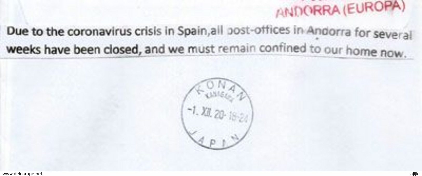 Lettre D'Andorre Adressée à Yokohama (Japon)pendant Confinement Covid-19,retour à L'expediteurm Avec Cachet Retour Japon - Covers & Documents