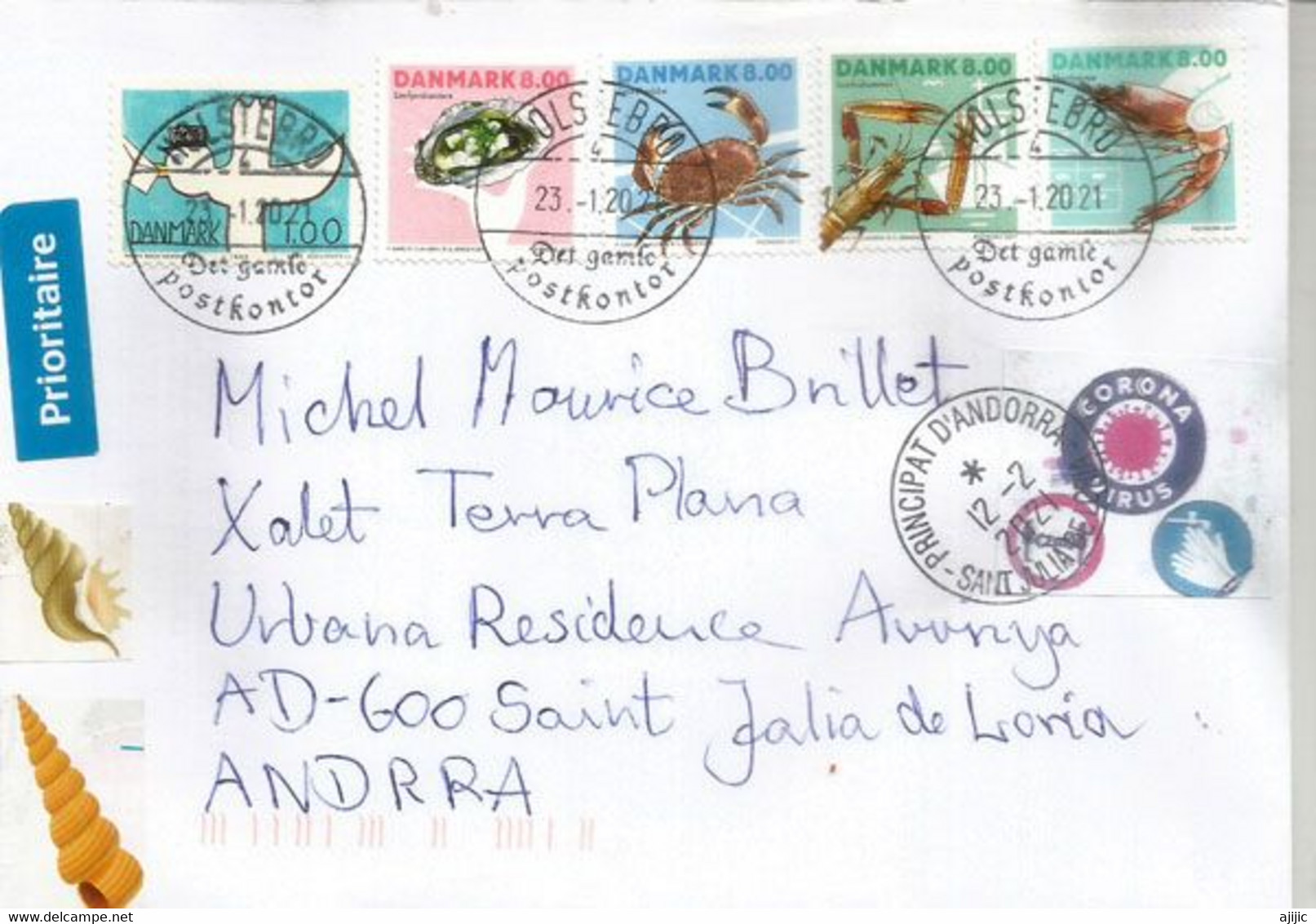 Letter From Denmark (Crustaceans And Molluscs) Sent To Andorra,  With Arrival Prevention Sticker Coronavirus - Lettres & Documents