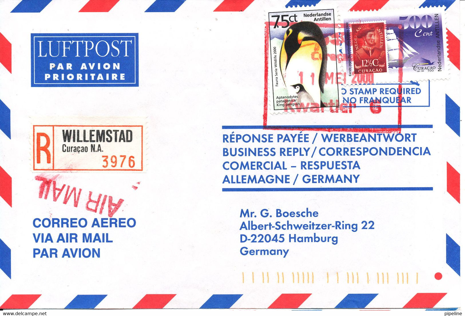 Netherlands Antilles Registered Air Mail Cover Sent To Germany Willemstad 11-5-2000 - Curacao, Netherlands Antilles, Aruba