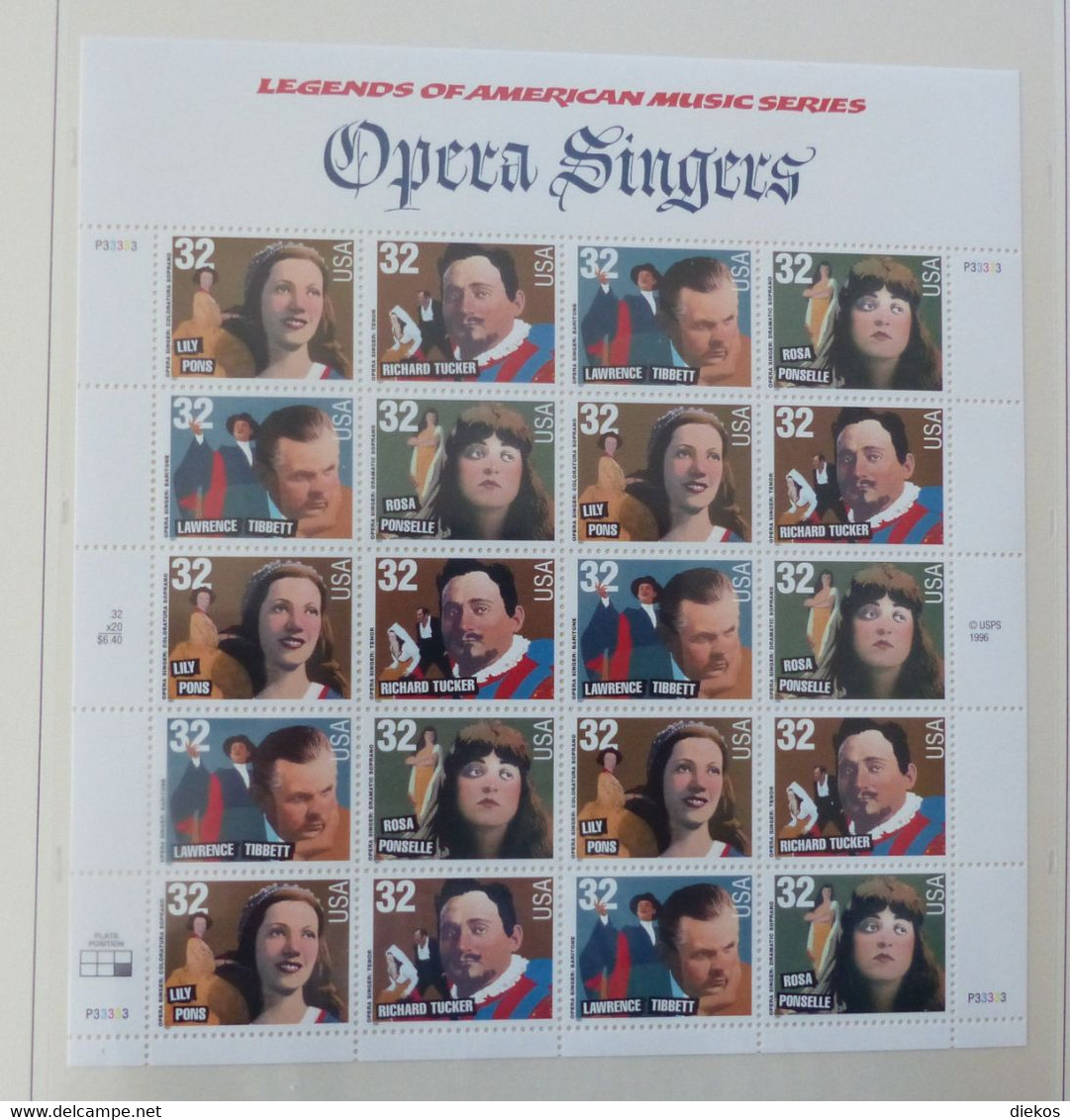 USA 1997  Mi 2779-2782 Opera Singers, Pons, Tibbett, Tucker, Ponselle,  Pane 20  Postfrisch ** MNH   #XL637 - Blocks & Sheetlets