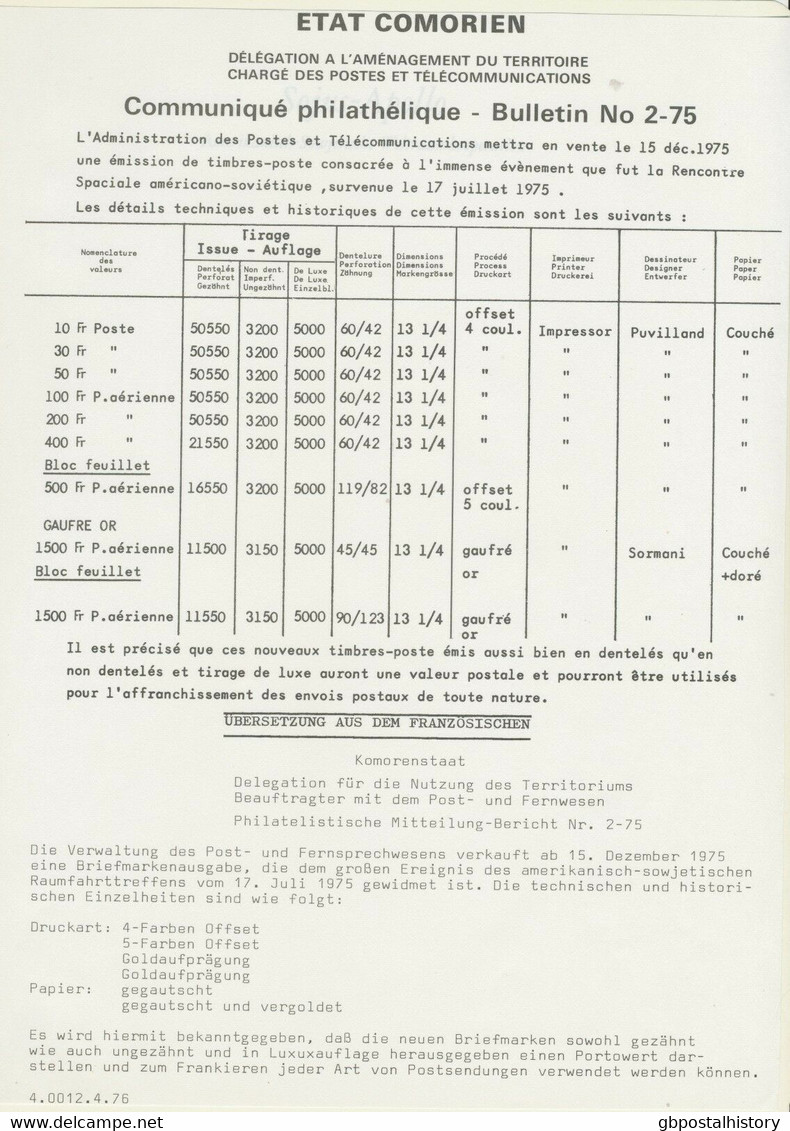 COMOROS 1975, Apollo-Soyuz Very Rare Superb U/M MS (only 5,000 Issued) - Comores (1975-...)