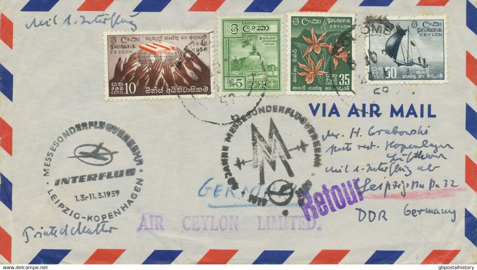 CEYLON 1959 Follower Mail From Ceylon L1 AIR CEYLON LIMITED "KOPENHAGEN-LEIPZIG" - Sri Lanka (Ceylon) (1948-...)