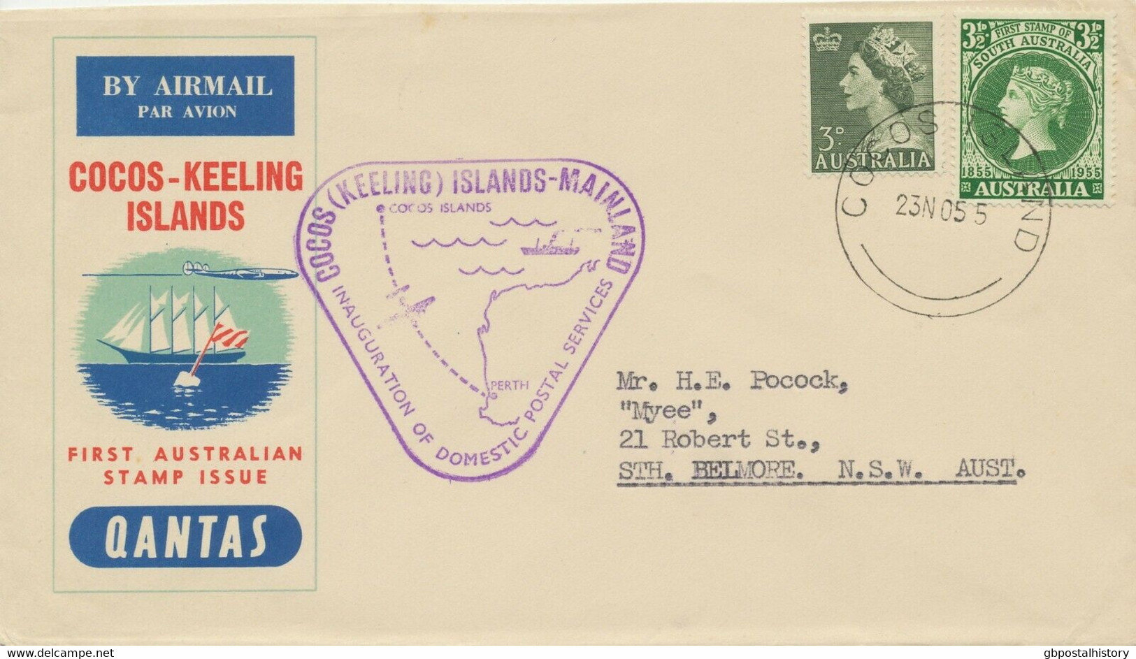 COCOS (KEELING) ISLANDS 1955 Mail First Flight W Qantas COCOS (KEELING) ISLANDS - Cocos (Keeling) Islands