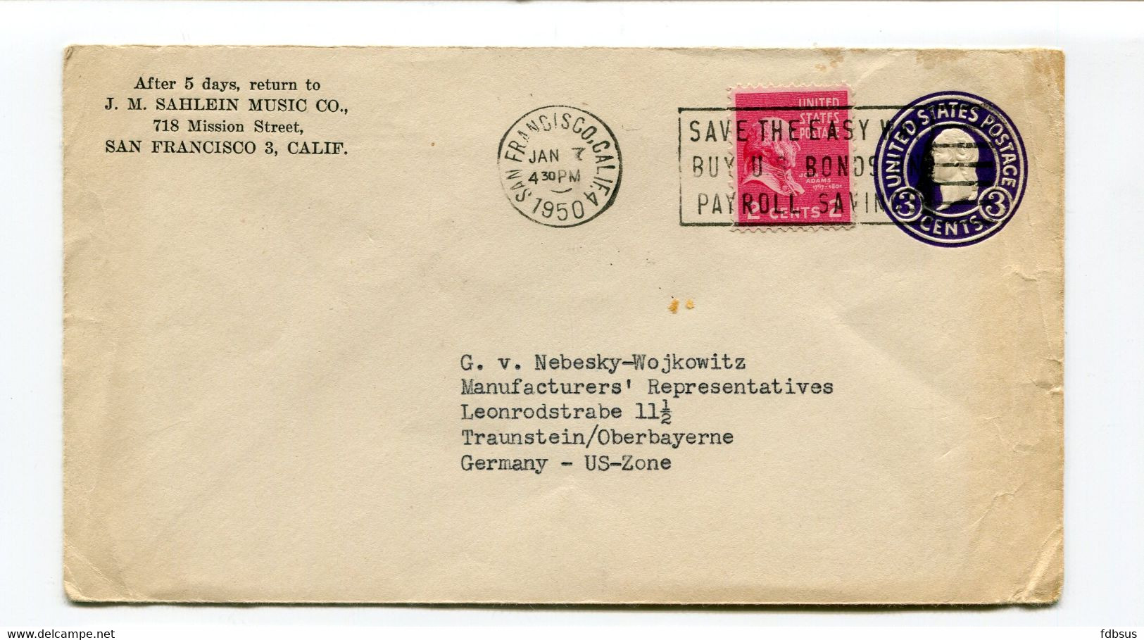 1950 Cover 3c + 2c From J.M. Sahlein Music Co. San Francesco 3 To Germany Traunstein (see Scan) - Buy US Bonds In Square - 1941-60