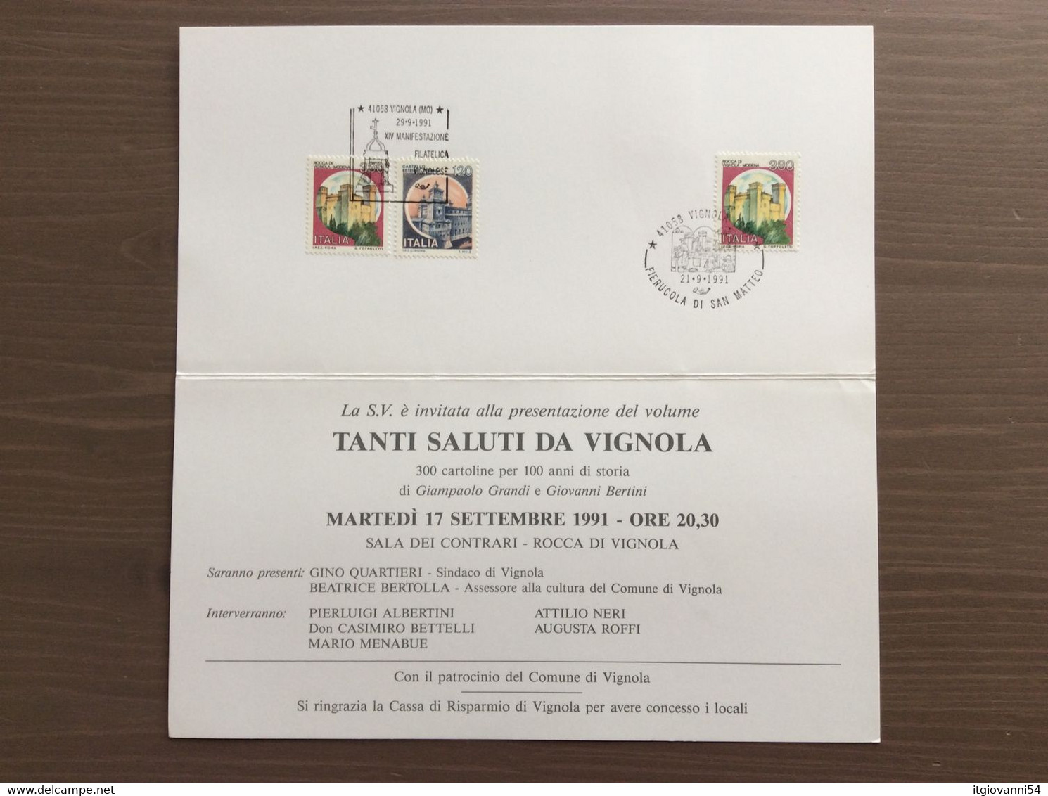Biglietto Invito Presentazione Volume "Tanti Saluti Da Vignola"  Annulli Vignola (MO) 21/29-09-1991 - Einweihungen