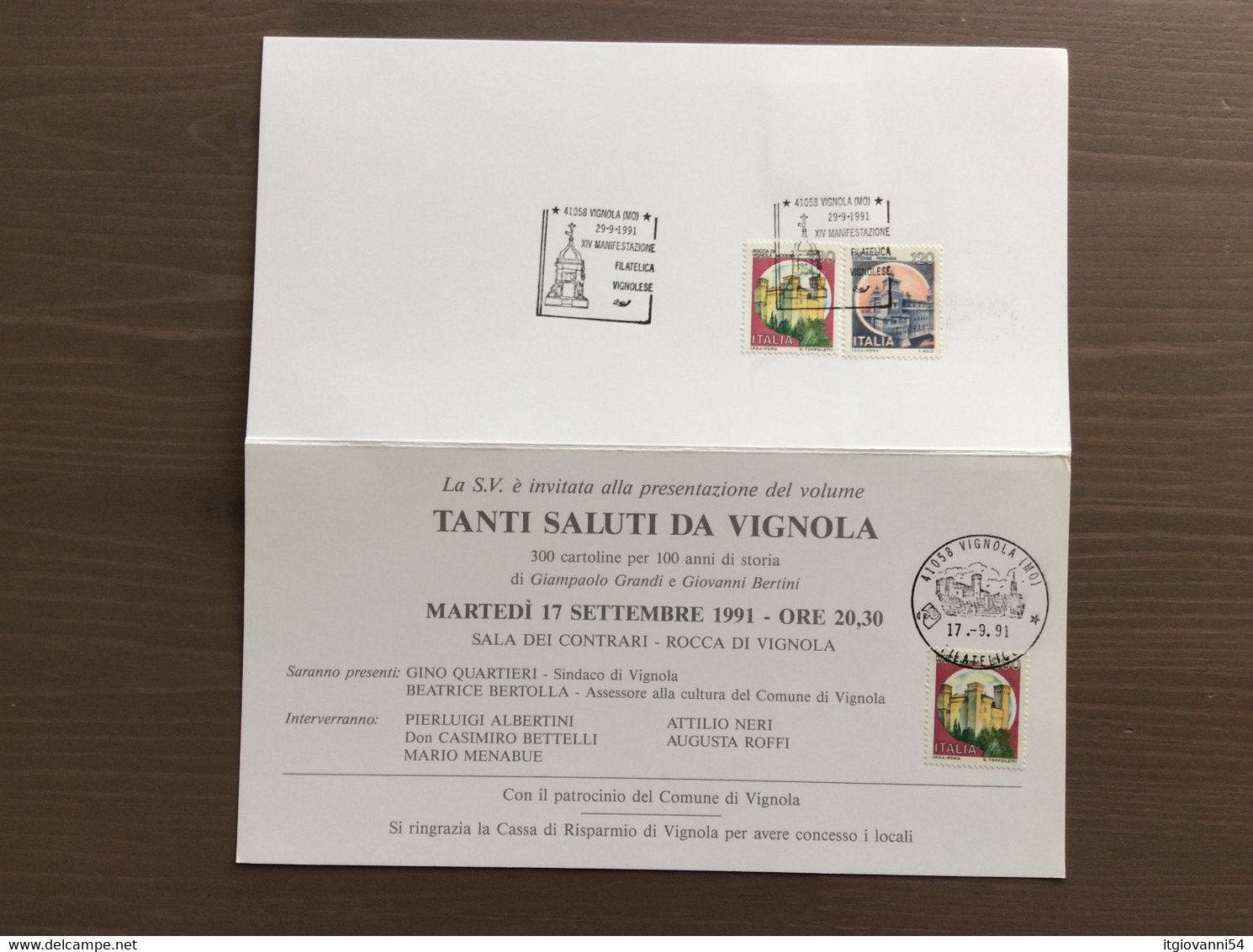 Biglietto Invito Presentazione Volume "Tanti Saluti Da Vignola" Annulli Vignola (MO) 17/29-09-1991 - Inauguraciones