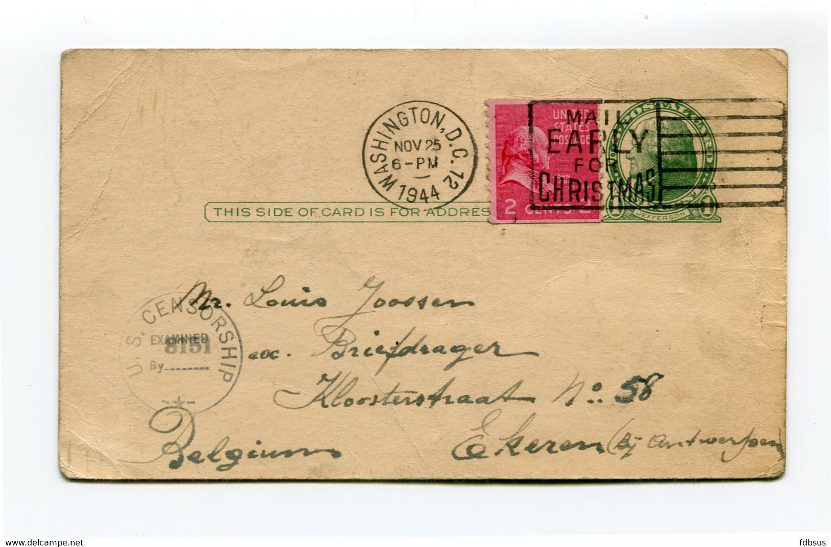 1944 Card 1c + 2c From Washington DC To Ekeren Belgium - Sterstempel US Censorship 8151 + Mail Early In Box - 1941-60