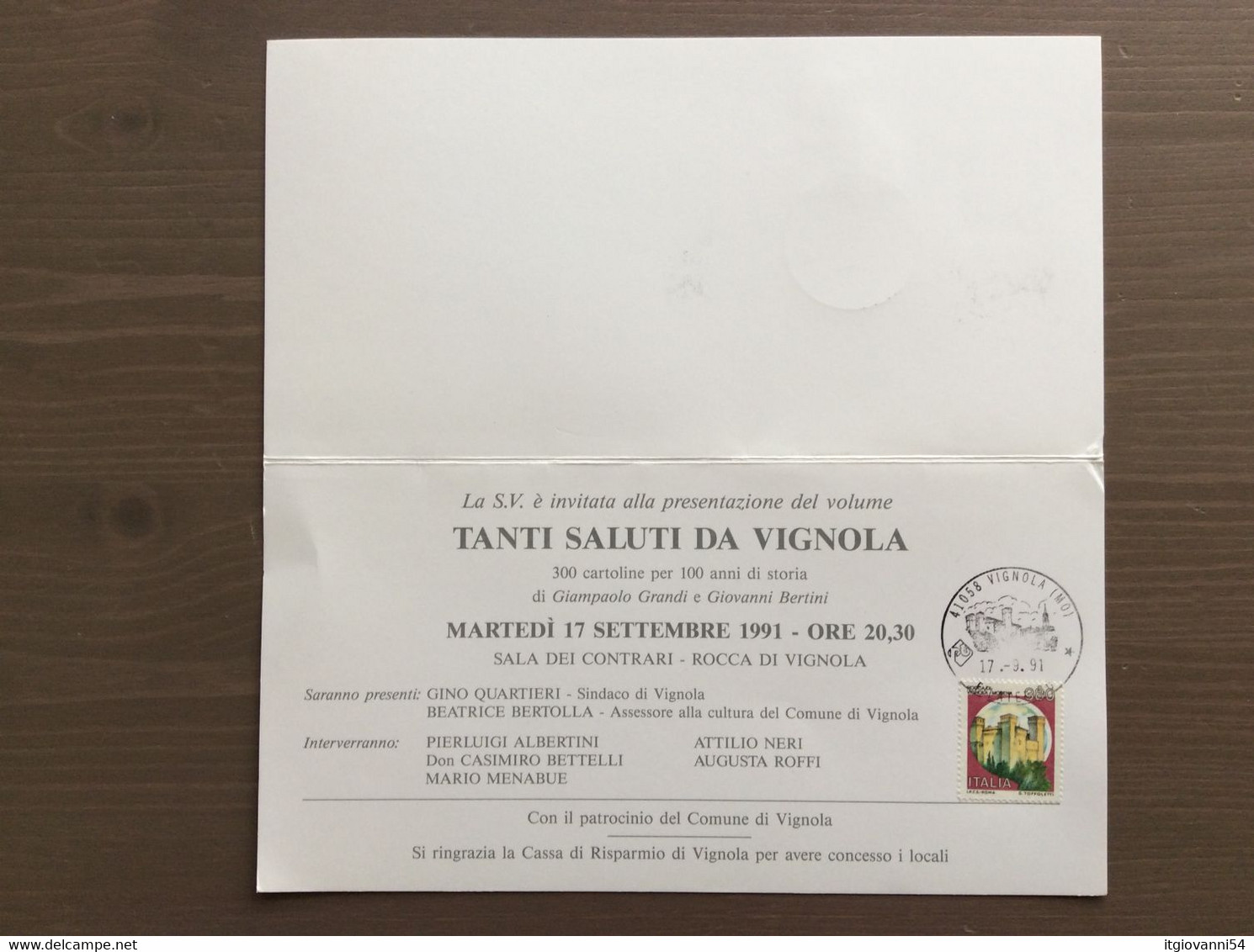 Biglietto Invito Presentazione Volume "Tanti Saluti Da Vignola"  Annullo Vignola (MO) 17-09-1991 - Inwijdingen