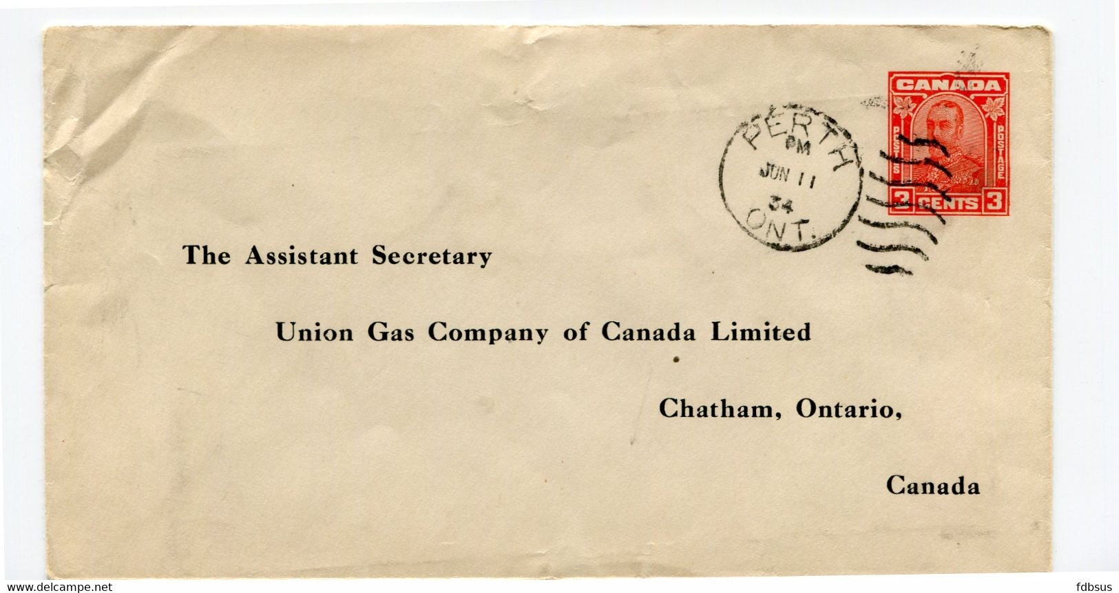 1934 Cover 3c From Perth Ont. To The Assistant Secretary UNion Gas Company , Chatham Ontario Canada - 1903-1954 De Koningen