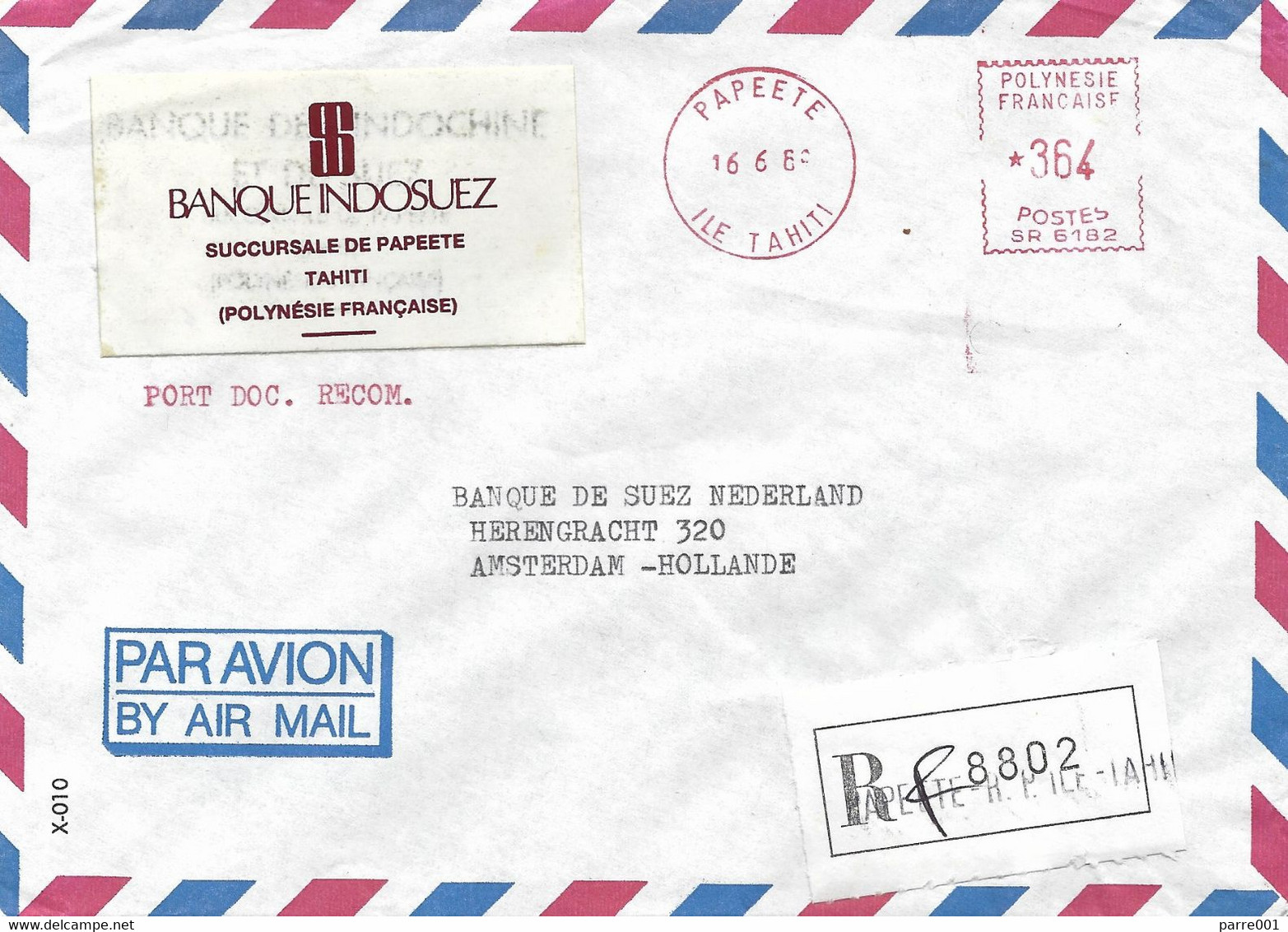 French Polynesie 1989 Papeete Meter Banque Indosuez Satas “R” SR 6182 EMA Registered Cover - Briefe U. Dokumente