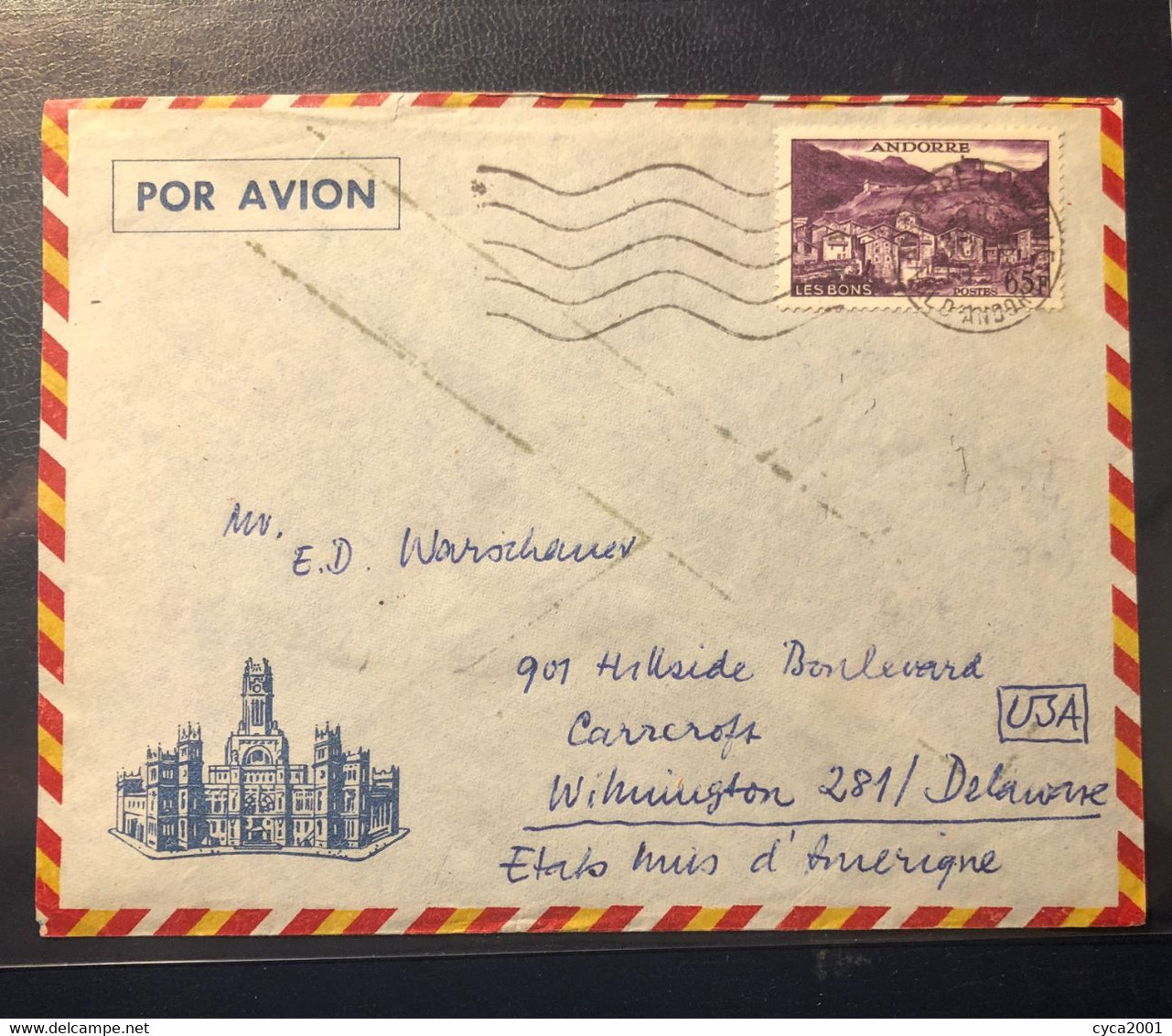 Andorre N°152B, 65F Violet OBL Andorre La Vieille (1958) Sur Lettre Pour Les USA, TB - Briefe U. Dokumente