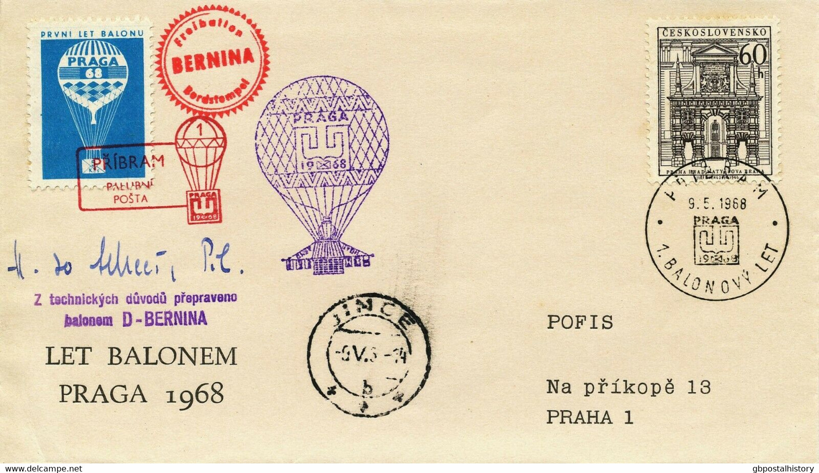 CZECHOSLOVAKIA 1968 Superb PRAGA BALLOON FLIGHT (PRIBRAM) PILOT (Scheer) SIGNED - Poste Aérienne