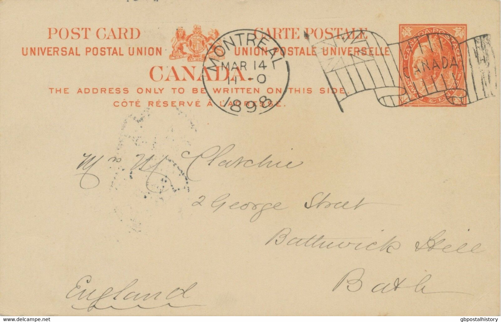 CANADA 1898 QV Two Cents Orange UPU-card W MONTREAL-CANADA-FLAG-Machine-Postmark - Covers & Documents