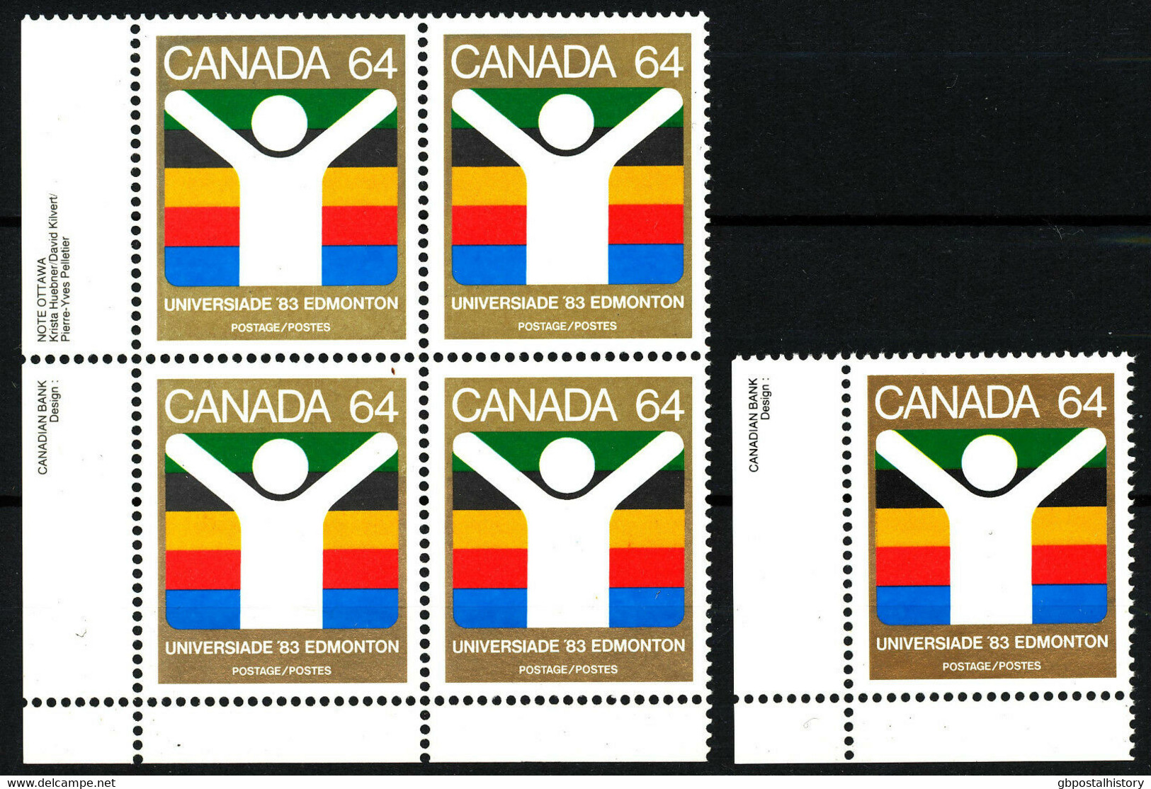 CANADA 1983 World University Games Edmonton 64 (C) U/M 4-Bl. MISSING GOLD!! - Varietà & Curiosità