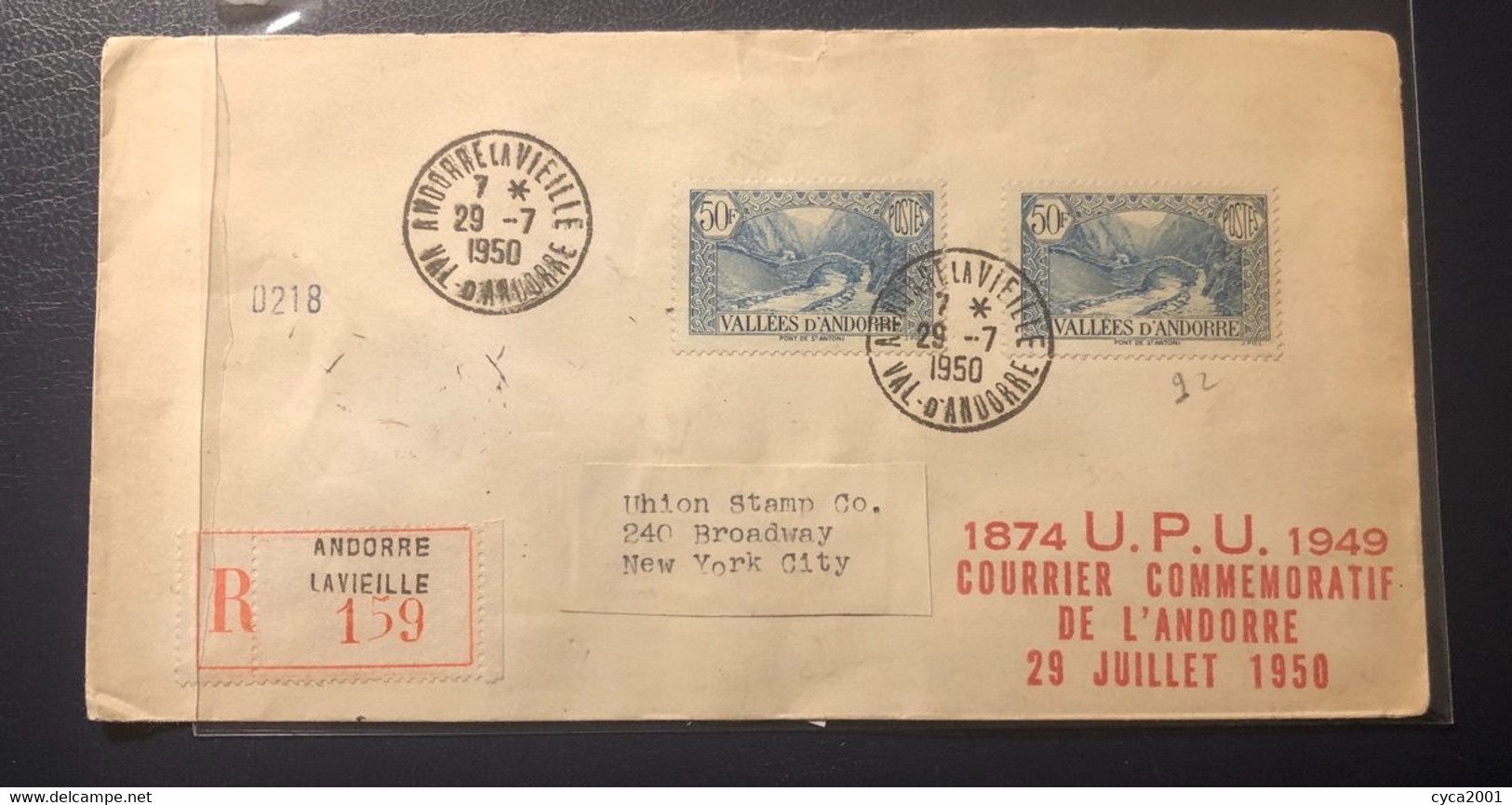 Andorre N°92X2 OBL Andorre La Vieille (1950), LR Pour USA, Griffe Rouge"1874 U.P.U 1949- COURRIER...1950-Arrivée Verso - Covers & Documents