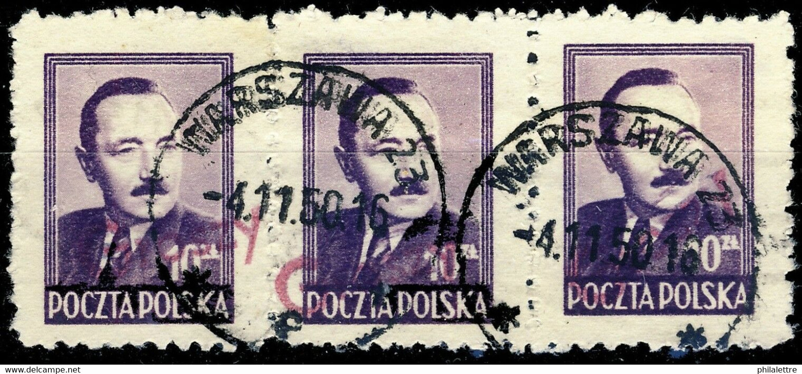 POLOGNE / POLAND 1950 GROSZY O/P T. 23 (Warsaw) 3xMi.625 V. EARLY USAGE NOV 4, 50 - Used Stamps