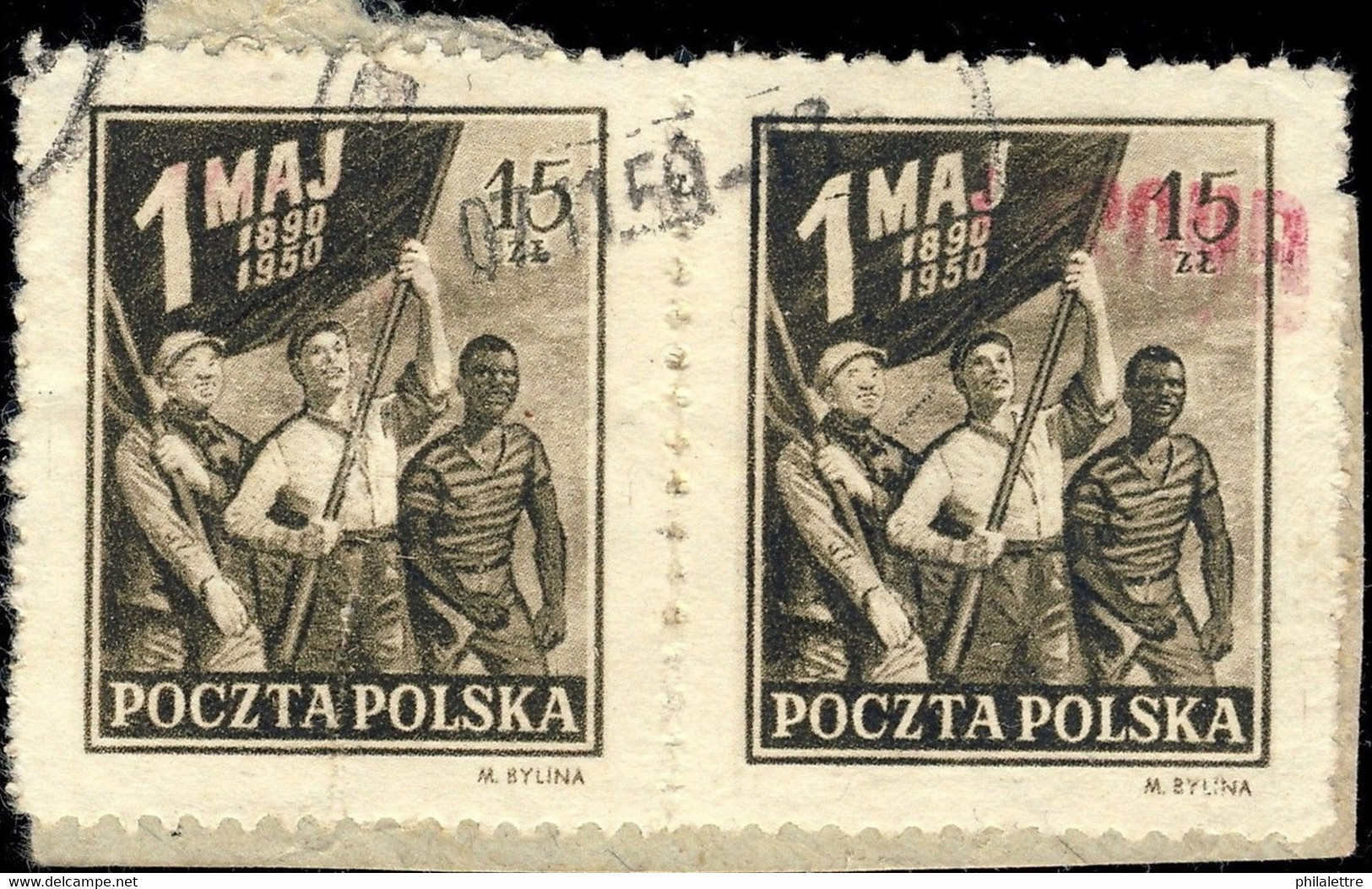 POLOGNE / POLAND 1950 GROSZY O/P T.3 Katowice/Krakow Kt./Kr.1c Red INVERTED Mi.662 - Gebraucht