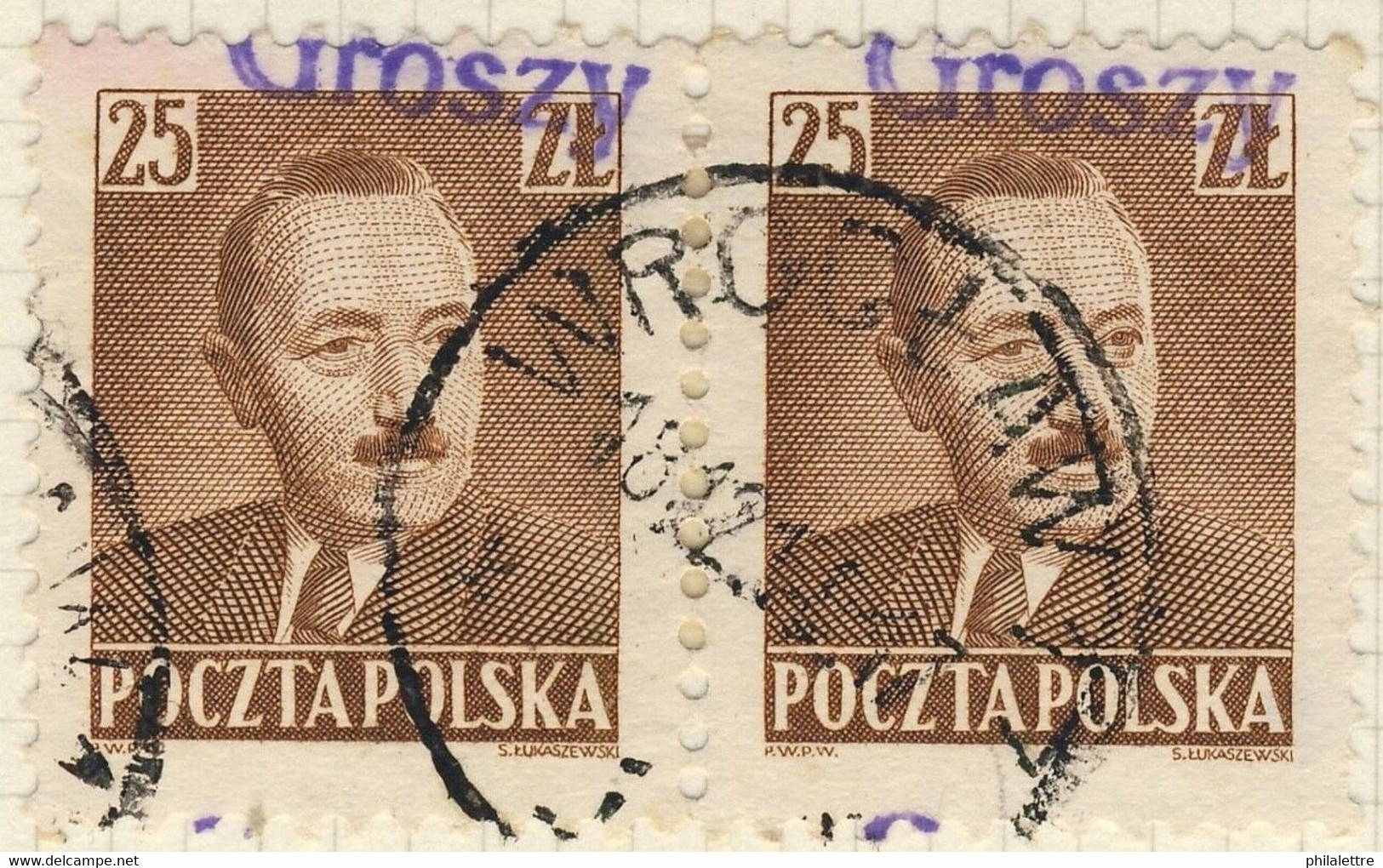 POLOGNE / POLAND 1950 GROSZY O/P T.26 (Wr.2 Violet) Paire Mi.655 Used (WROCLAW 1) - Oblitérés