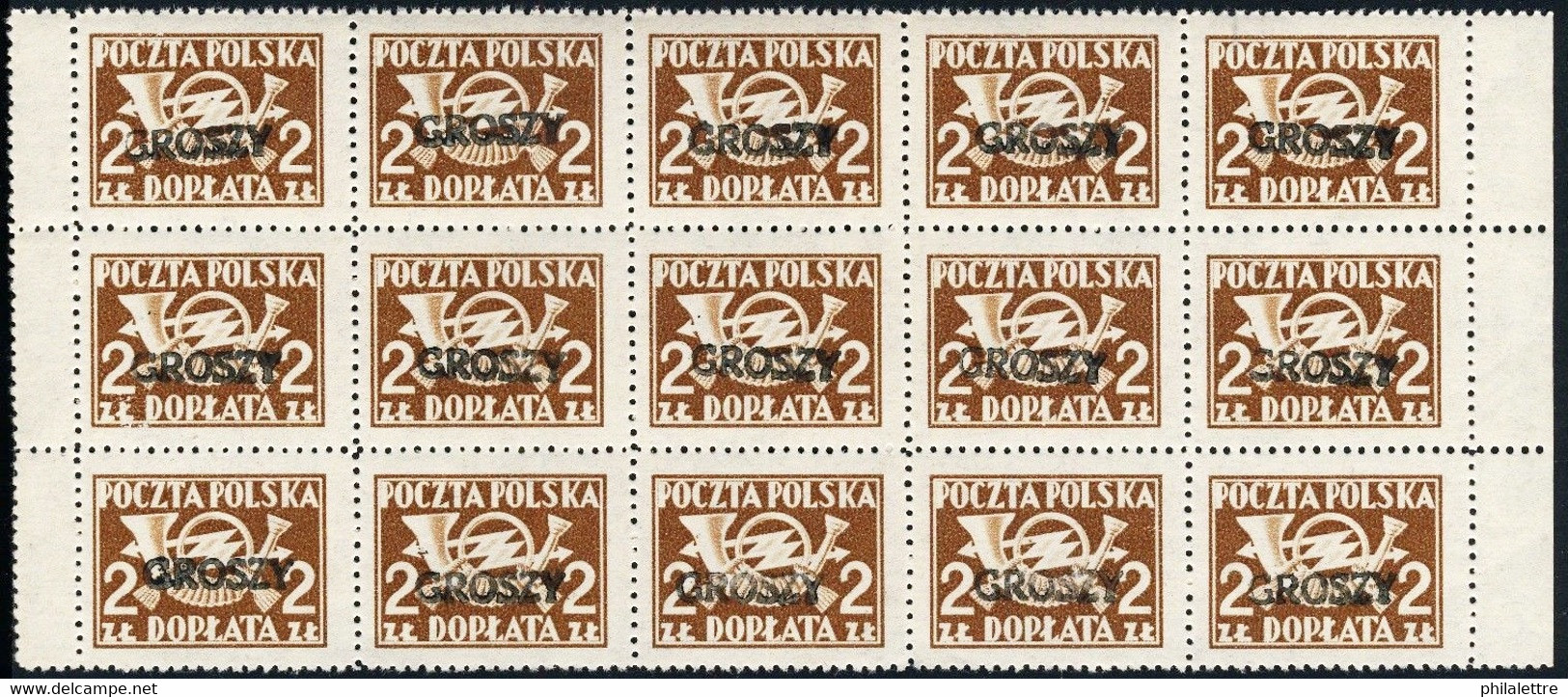 POLOGNE / POLAND 1950 GROSZY O/P T.4 (Lublin 1b) Mi.P126GrA Block Of 15 MOGNH ** - Unused Stamps