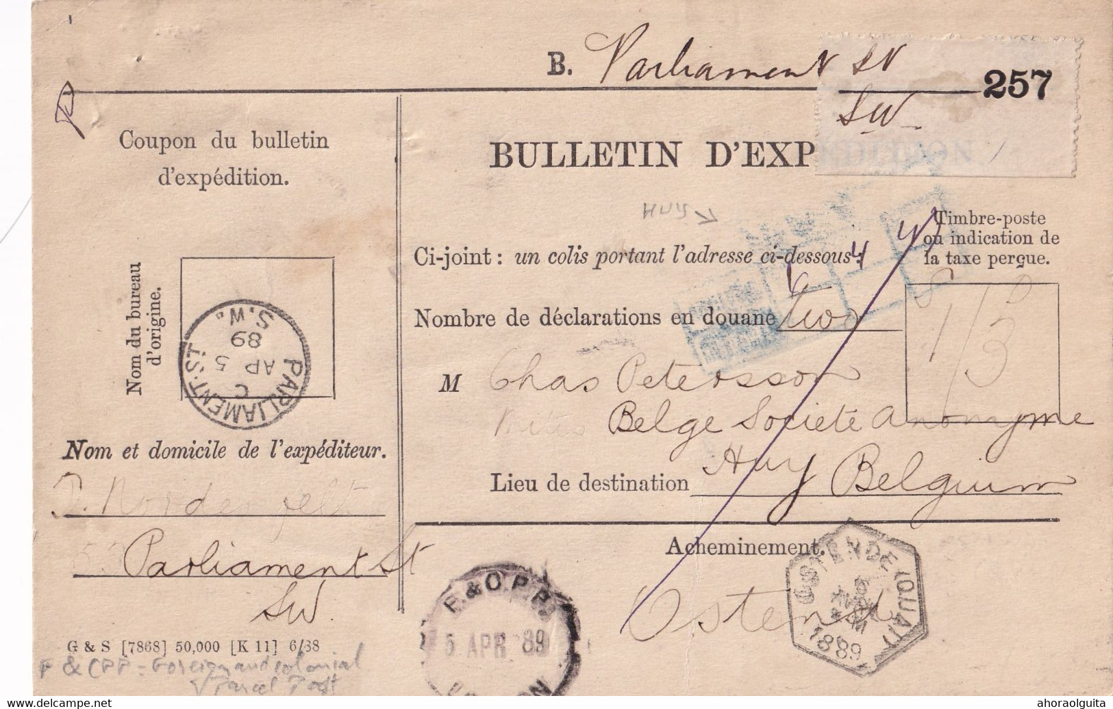 DDY 714 - Bulletin D' Expédition Anglais LONDON 1889 Vers Cachet Bleu (NORD BELGE) HUY Via Hexagone OSTENDE Quai - Nord Belge