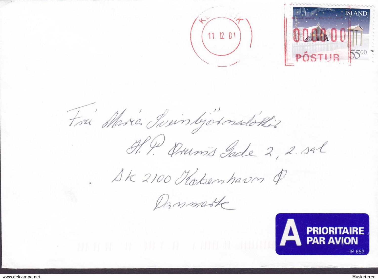 Iceland A PRIORITAIRE Par Avion Label KEFLAVIK Red Cancel 2001 Cover Denmark Christmas Weihnchten Noel Natale Navidad - Briefe U. Dokumente