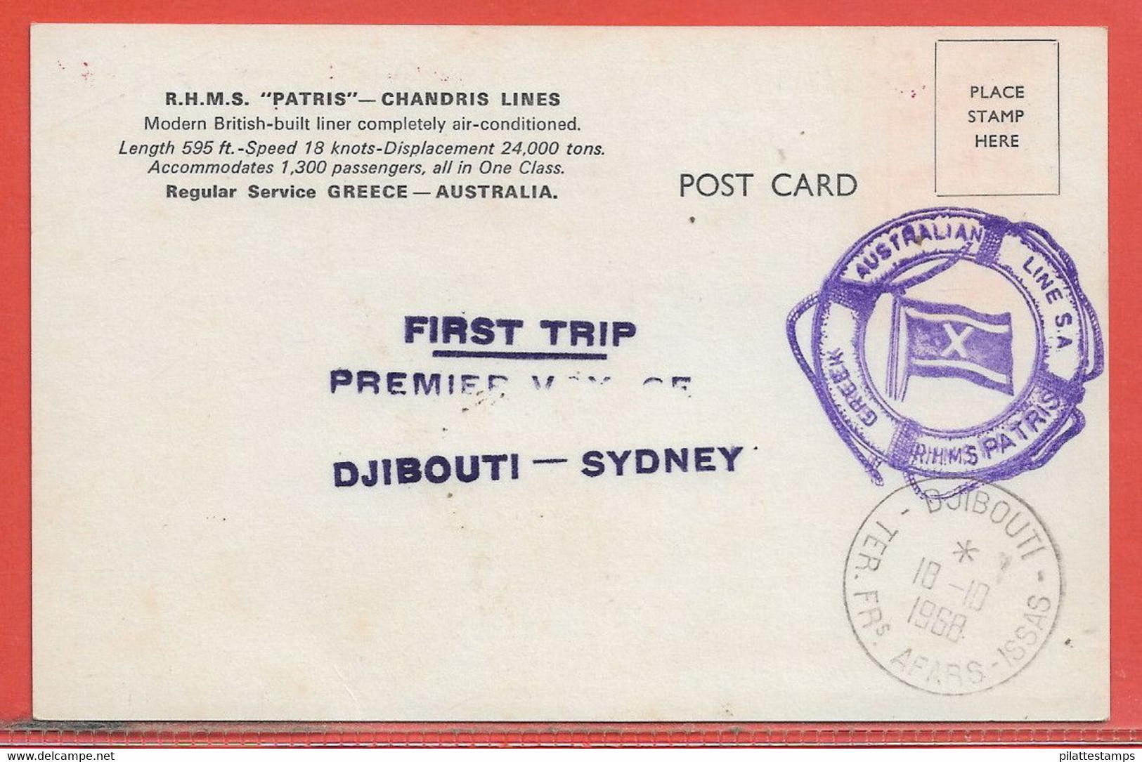 AFARS ET ISSAS CARTE PREMIER VOYAGE DE 1968 DE DJIBOUTI POUR SYDNEY AUSTRALIE - Covers & Documents