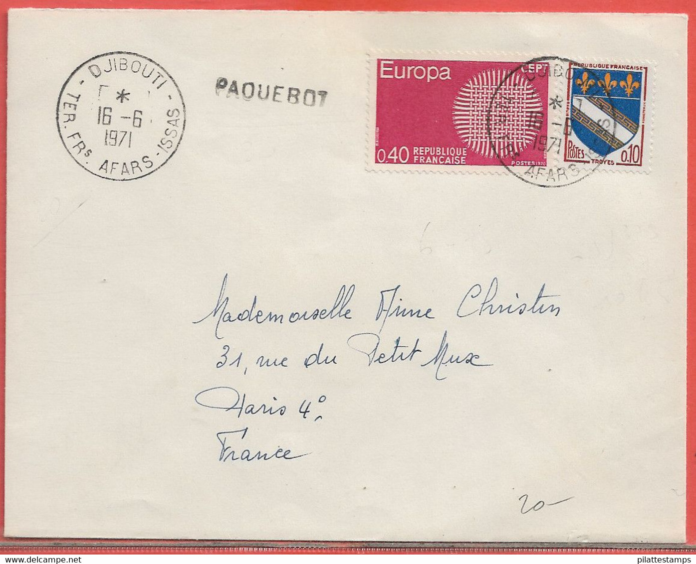 AFARS ET ISSAS LETTRE PAQUEBOT DE 1971 DE DJIBOUTI POUR PARIS FRANCE - Lettres & Documents