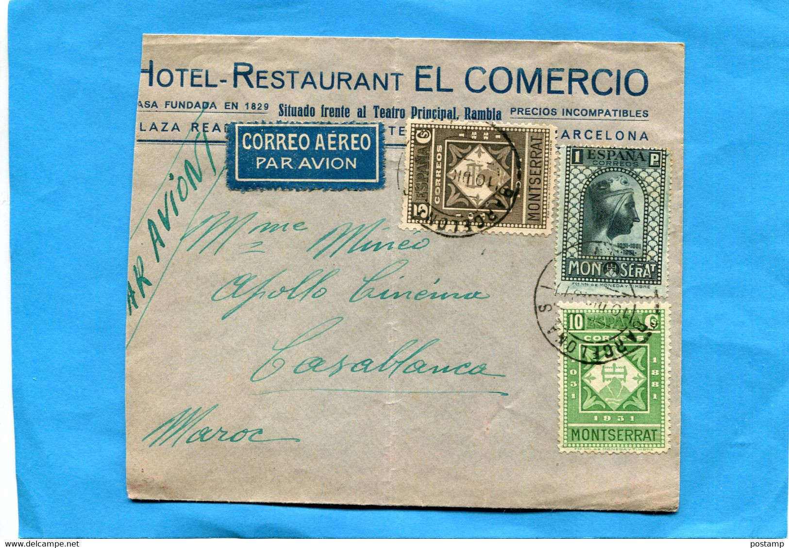 Marcophilie-lettre AVION-Espagne>Maroc -cad 1931 3 StampsN°481 Montserrat  Cote 110 Euros+475-6 - Lettres & Documents
