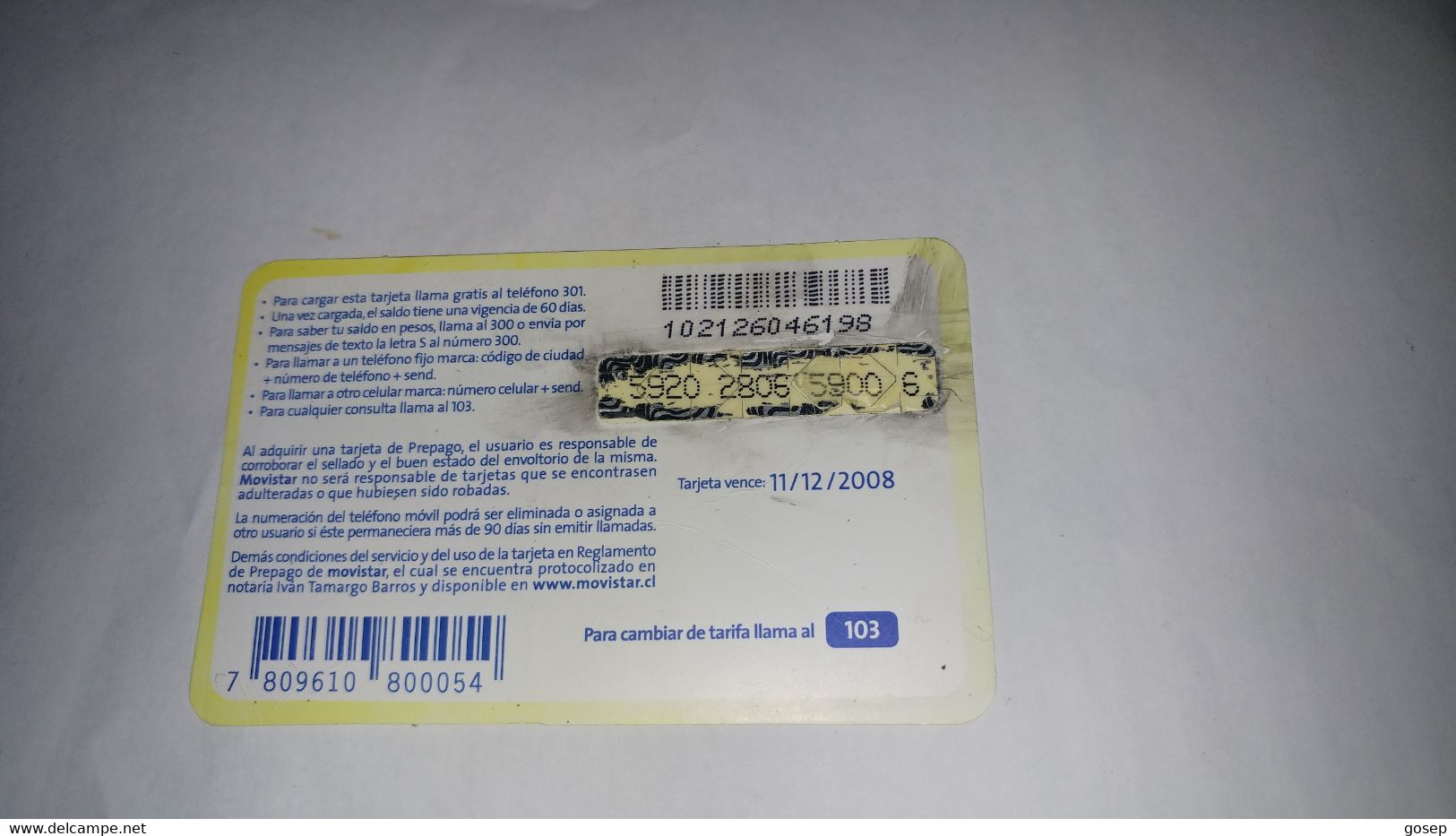 Chile-movistar-(157)-($5.000)-(5920-2806-5900-6)-(11/12/2008)-(look Outside)-used Card+1card Prepiad Free - Chile