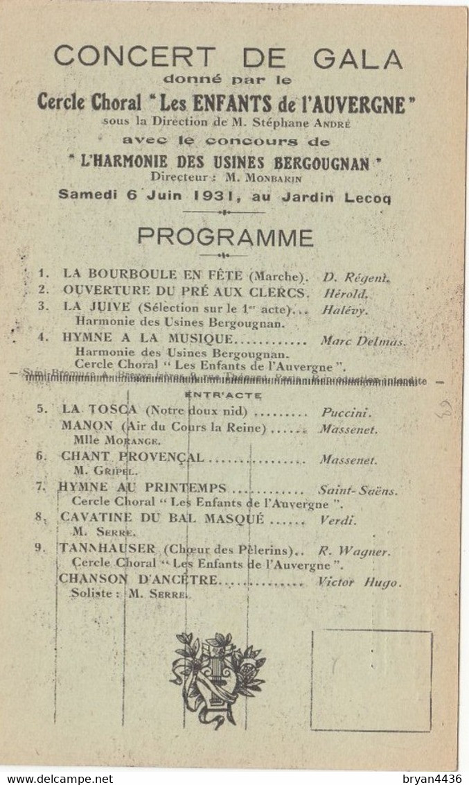 CLERMONT-FERRAND - CHORAL "LES ENFANTS D' AUVERGNE" - TRES RARE CPA PROGRAMME DU 6 JUIN 1931 JARDIN LECOQ - TB** - Clermont Ferrand