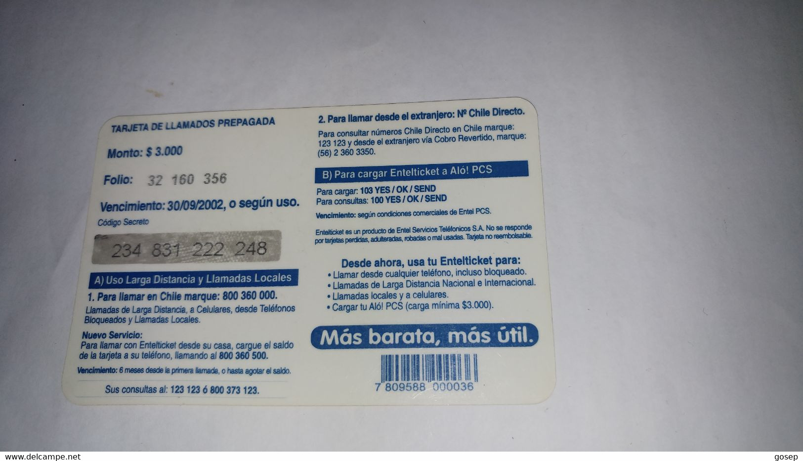 Chile-entel Ticket-(158)-($3.000)-(234-831-222-248)-(30/9/2002)-(look Outside)-used Card+1card Prepiad Free - Chili